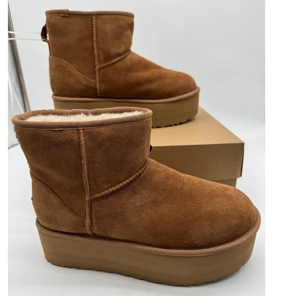UGG‎ W Classic Mini Platform Chestnut Suede Shearling Lined Ankle Boots US 9